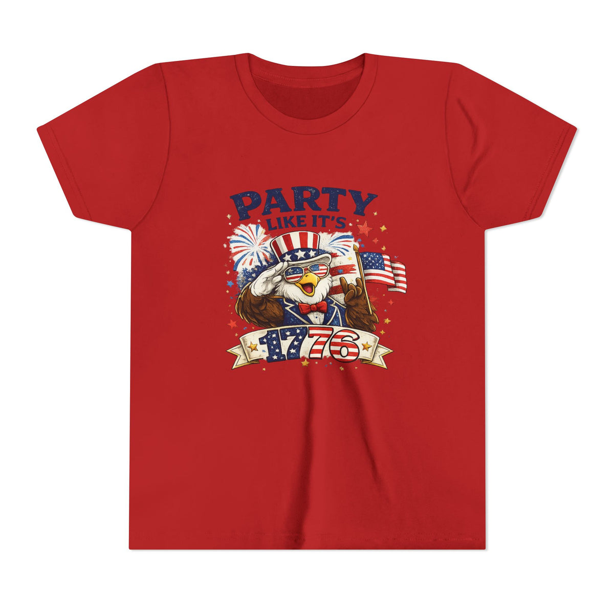 Party Like It's 1776 Youth Tee | Bald Eagle, American Flag, Fireworks