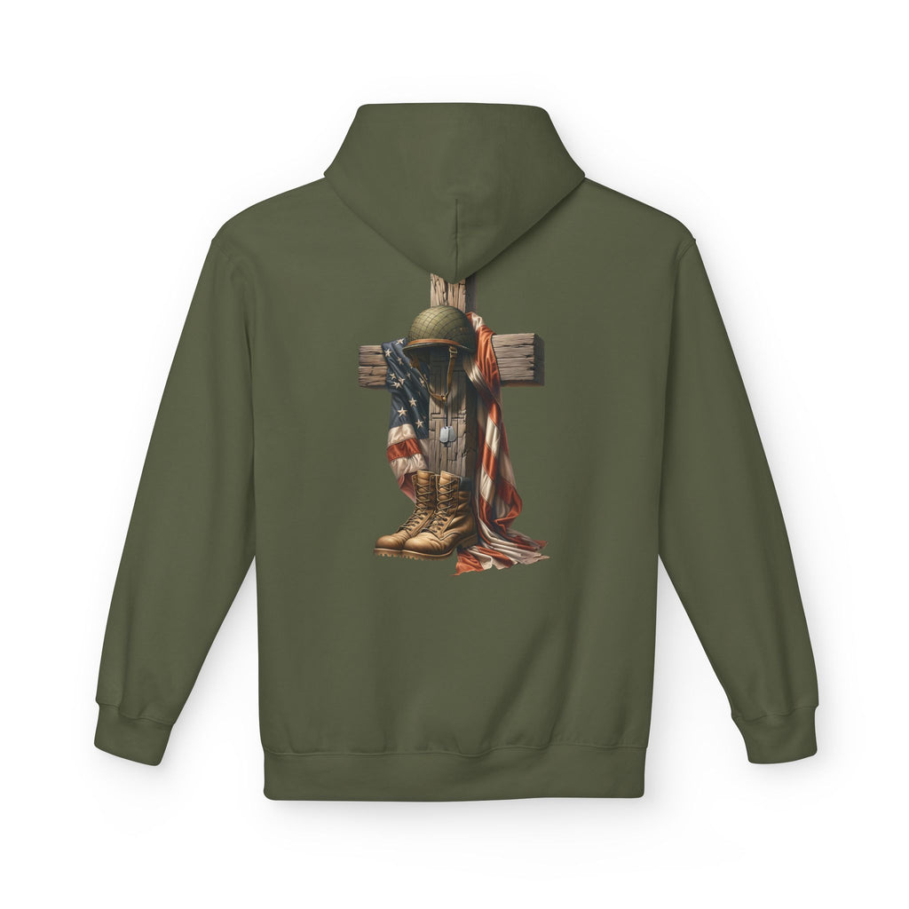 Military Memorial Cross Hoodie | Flag, Helmet & Boots Patriotic Design