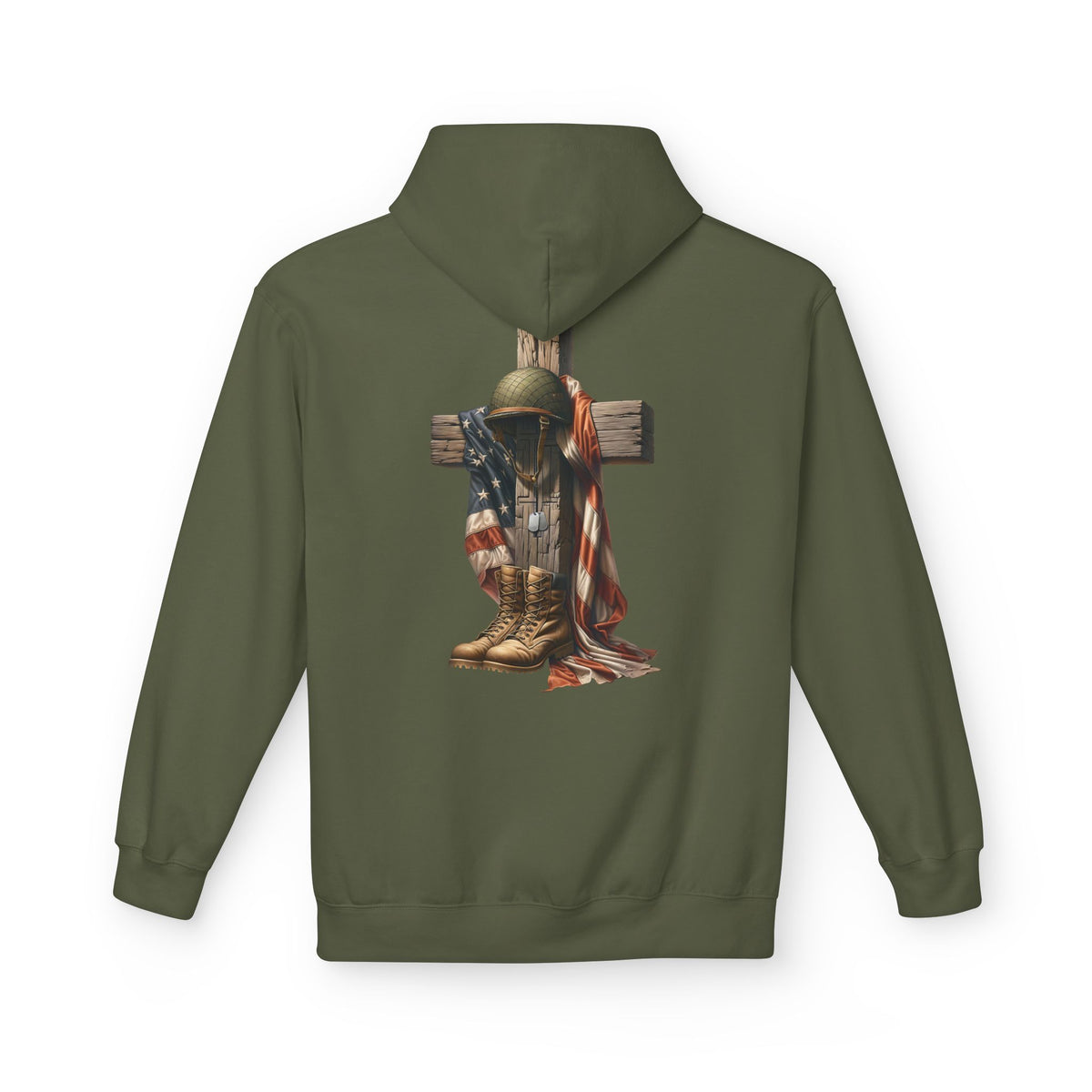 Military Memorial Cross Hoodie | Flag, Helmet & Boots Patriotic Design