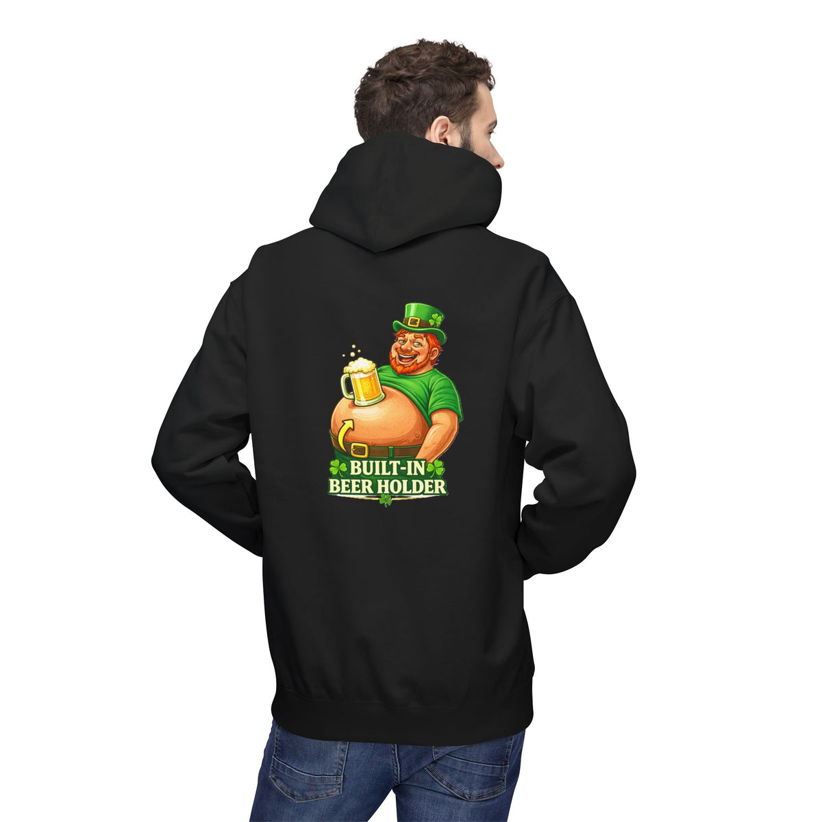 St. Patrick's Day Hoodie — 'Built-In Beer Holder' Leprechaun Beer Graphic