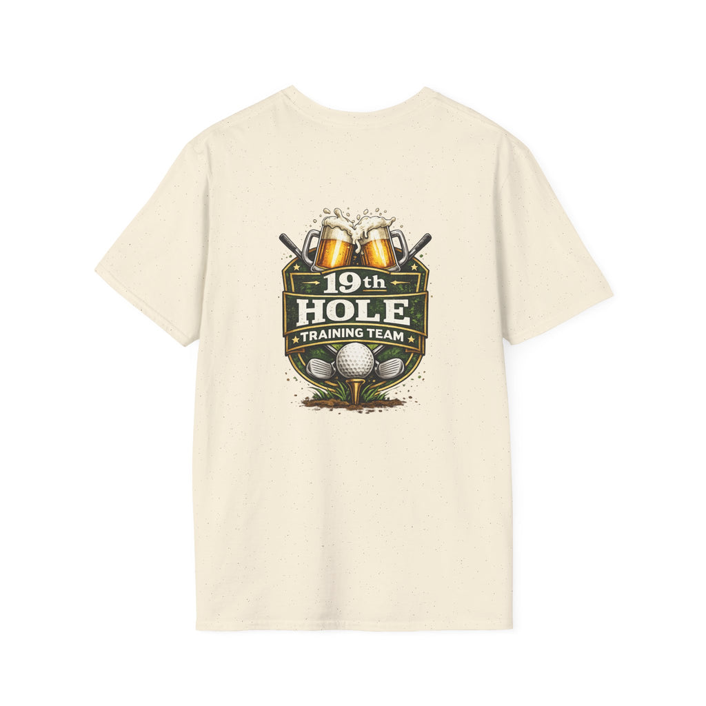 19th Hole Training Team T-Shirt | Golf Logo, Beer Cheers, Golf Ball & Clubs