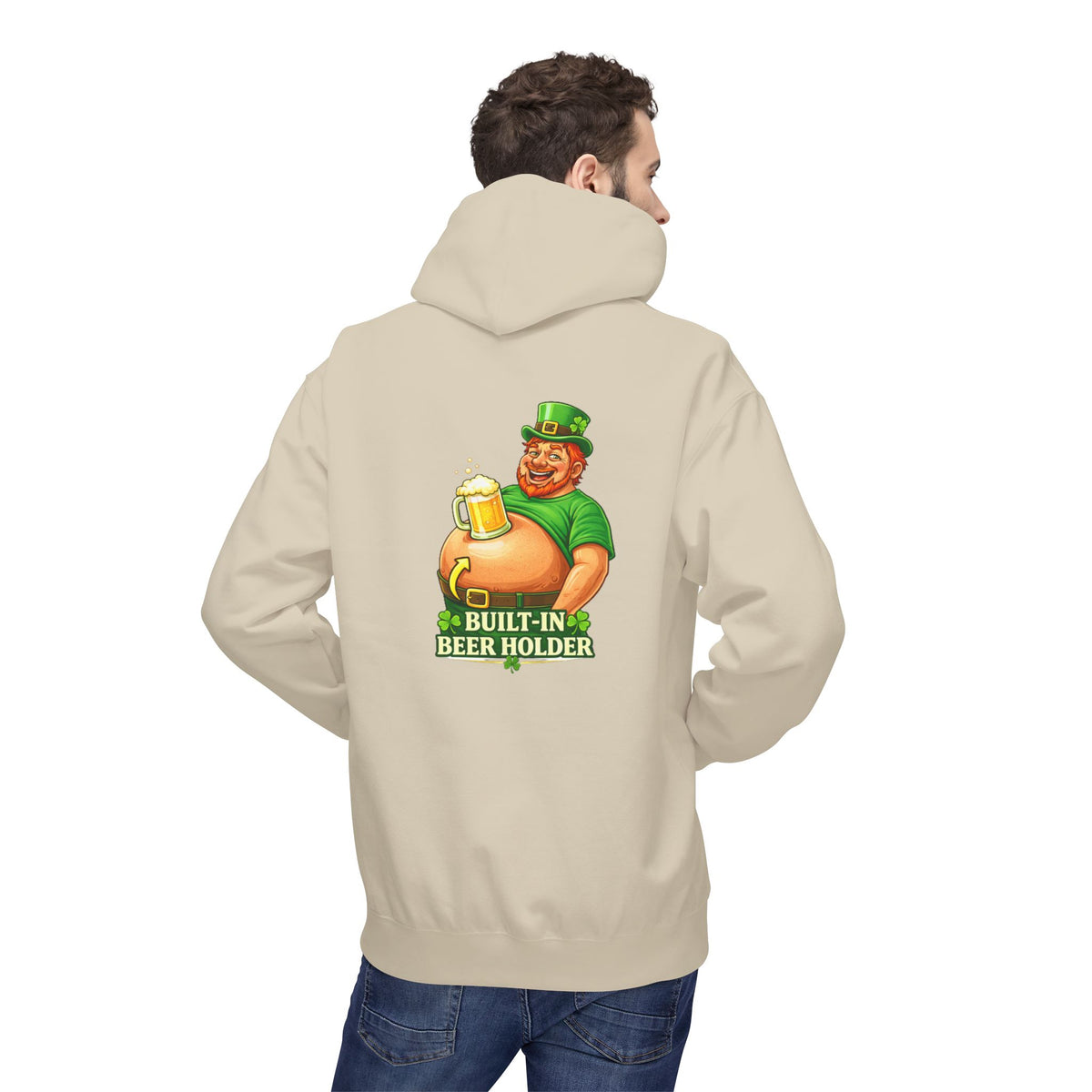 St. Patrick's Day Hoodie — 'Built-In Beer Holder' Leprechaun Beer Graphic