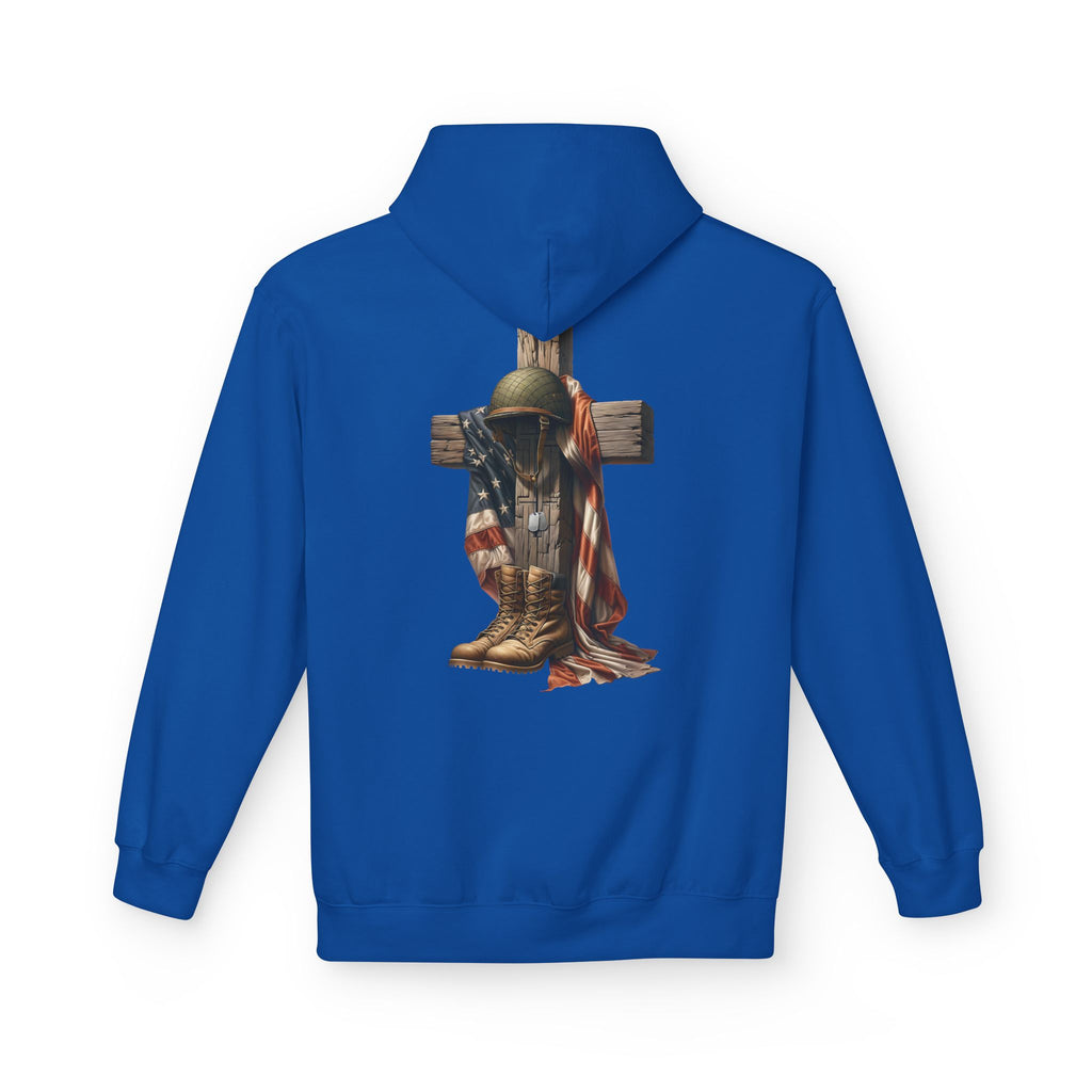 Military Memorial Cross Hoodie | Flag, Helmet & Boots Patriotic Design