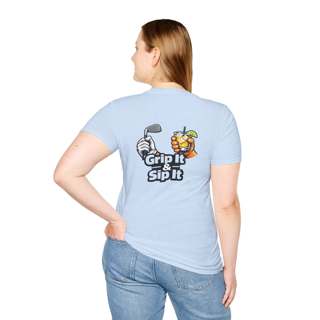 Grip It & Sip It Golf T-Shirt | Golf Club and Cocktail Graphic
